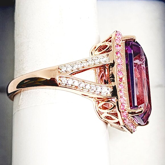 Premium Rose de France Amethyst, Pink Sapphire & Zircon ring in RG over 925SS s8 - Picture 5 of 6